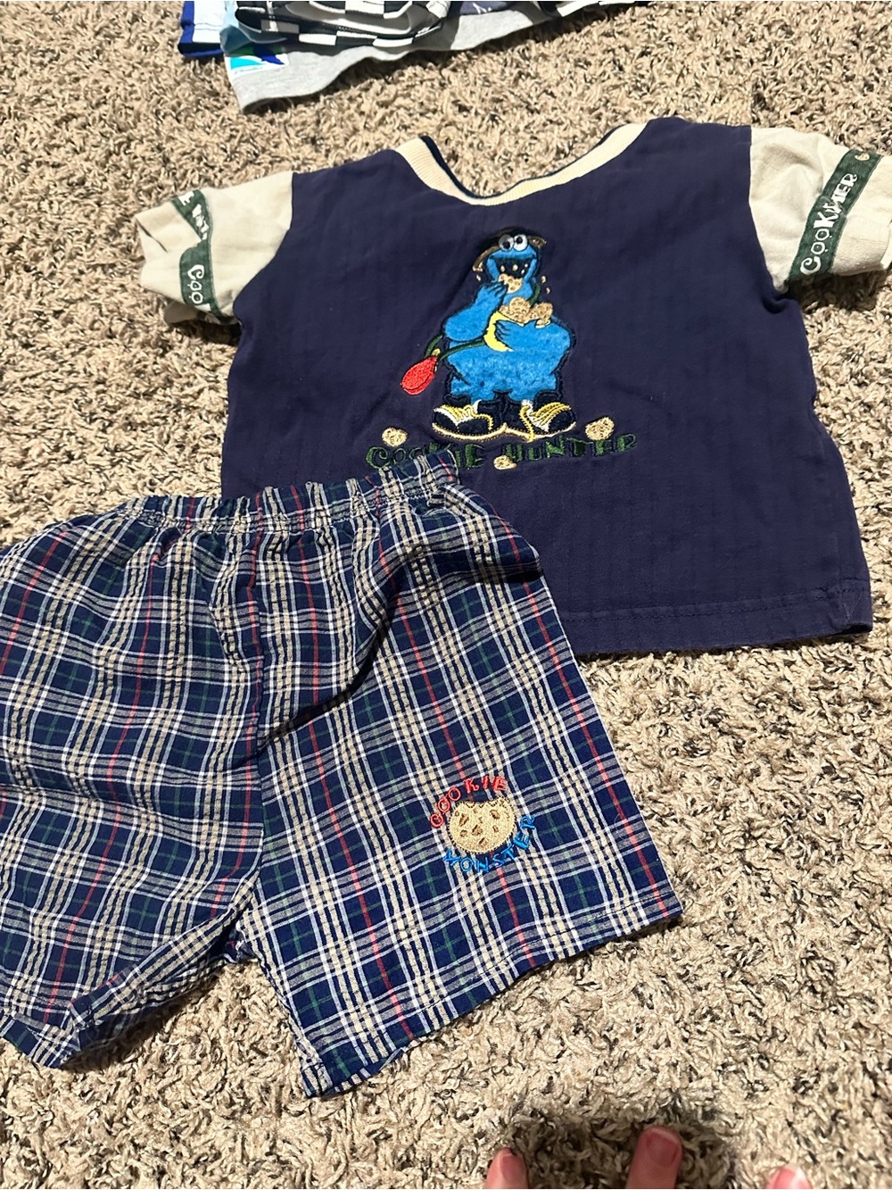 Vintage Kids Navy Cookie Monster two piece Set - Blue Plaid Shorts